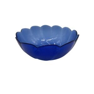 Vintage Arcoroc France Cobalt Blue Swirl 9.5" Scalloped Edge Textured Glass Bowl